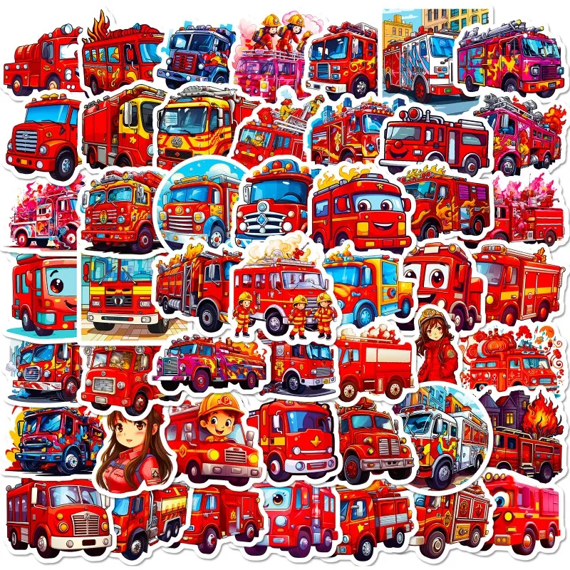 50PCS Fire Truck Children Cartoon Personality Children Early Education Skateboard Desk Notebook Decoration Waterproof Sticker