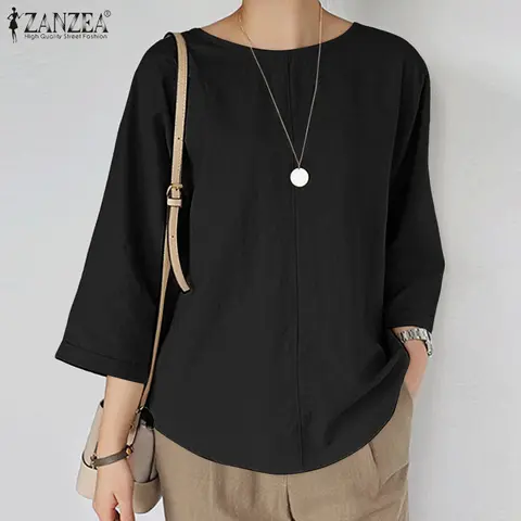 2026 ZANZEA Fashion Women 3/4 Sleeve Solid Blouse Summer Tops Tunic Casual Loose Cotton Shirt Female O Neck Work Blusas Oversize
