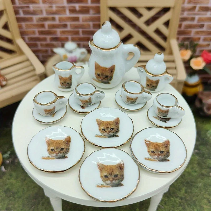 15pcs Set Mini Tea Pot Dish Cups Accessories Mini Ceramic Tableware Micro Fish Tank Landscape Landscaping Ornament