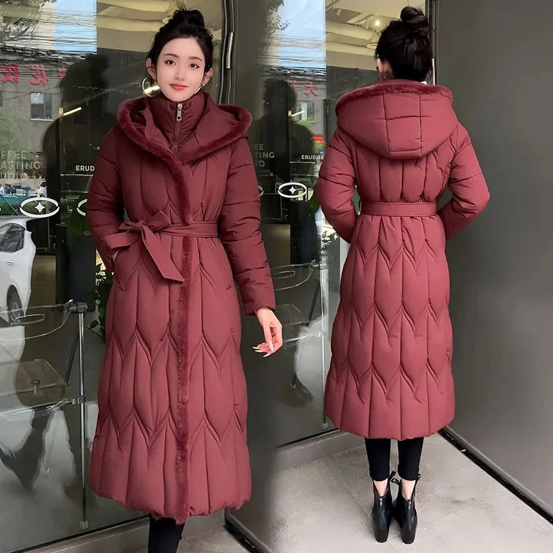 2025 Fashionable Cotton Jacket New Thickened Winter Long Coat with Waistband Hood Slimming Over-the-Knee Down Jacket Outerwear