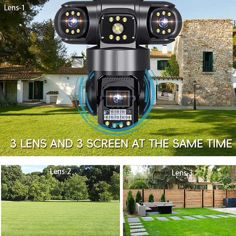 12MP WiFi IP Camera Outdoor Three Lens Three Screens Security Video Monitor Night Vision Waterproof CCTV Surveillance PTZ Camera