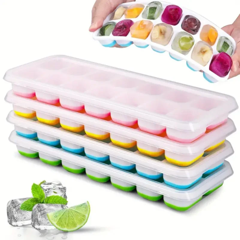 14-Grid Ice Cube Trays Silicone Ice Mold with Removable Lid DIY Homemade Popsicle Mould for Cocktail Freezer Kitchen Bar Tools