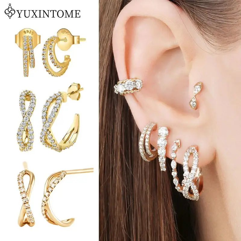 

925 Sterling Silver Ear Needle Full Mosaic White Zircon C-shaped Earrings For Women Fashion Luxury Wedding Jewelry Accessories