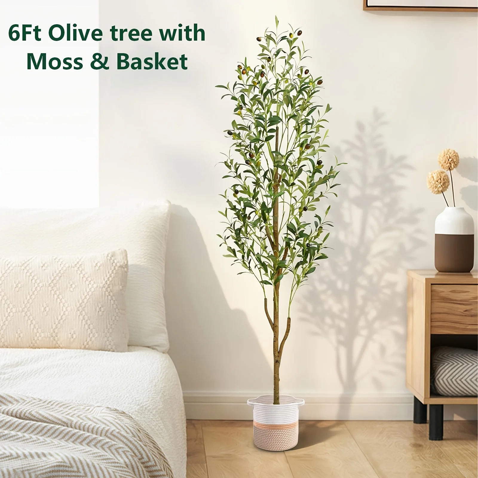 

Artificial Plants Olive Trees for Indoor, 6FT Tall Fake Plants with Planter, Moss And Basket, Realistic Wood Trunk with Lifelike
