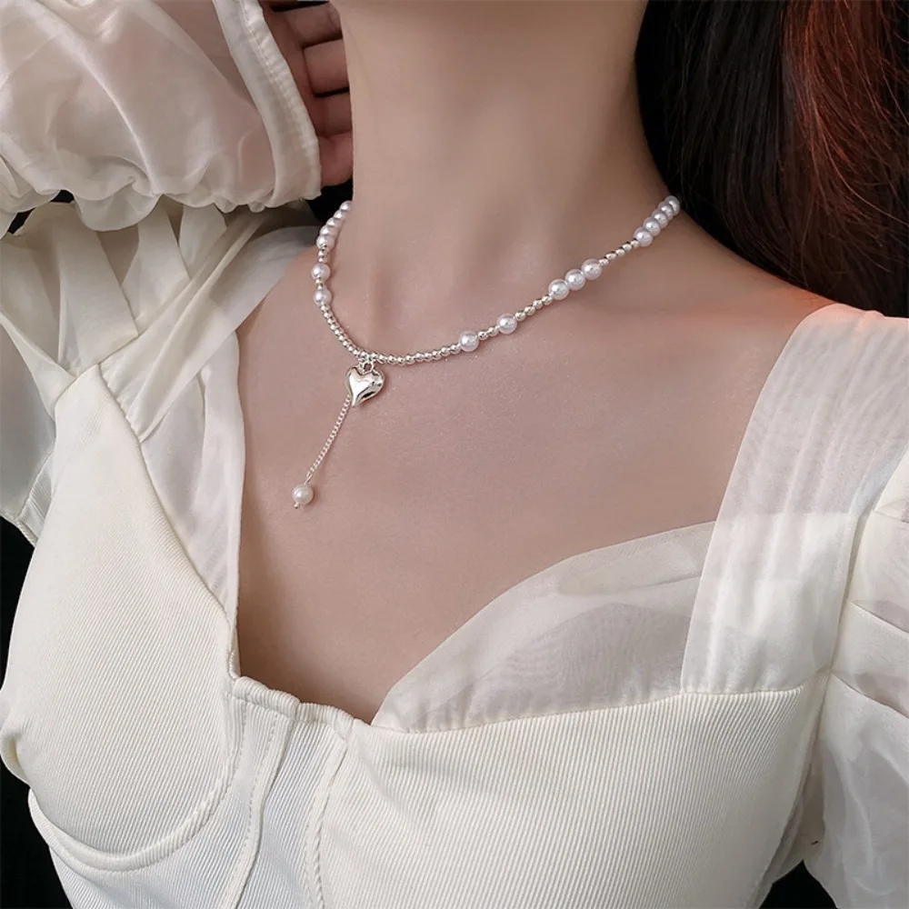 Exquisite Fashion Silver Color Imitation Pearl Beaded Heart Pendant Necklace for WomenValentine's Day Confession Jewelry Gifts