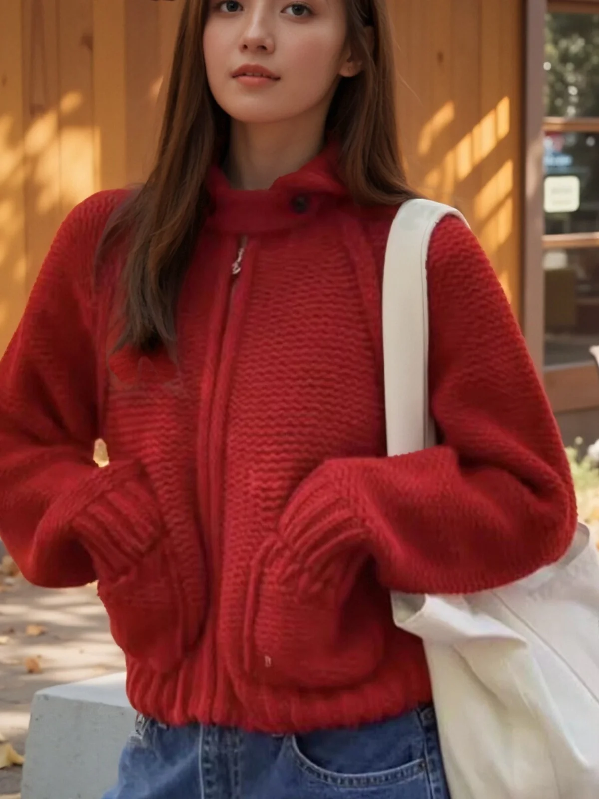 Biały sweter z dzianiny z zamkiem błyskawicznym przy kołnierzyku, damski, retro, luźny top, czerwony, na świętowanie Nowego Roku, swobodny, wygodny krój.