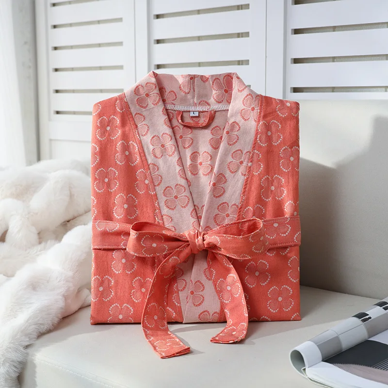 Breathable Japanese Women 100% Cotton Yukata Kimono Robe, Summer Double Gauze Bathrobe, Thin Spa Sauna Pajamas, Belted Homewear