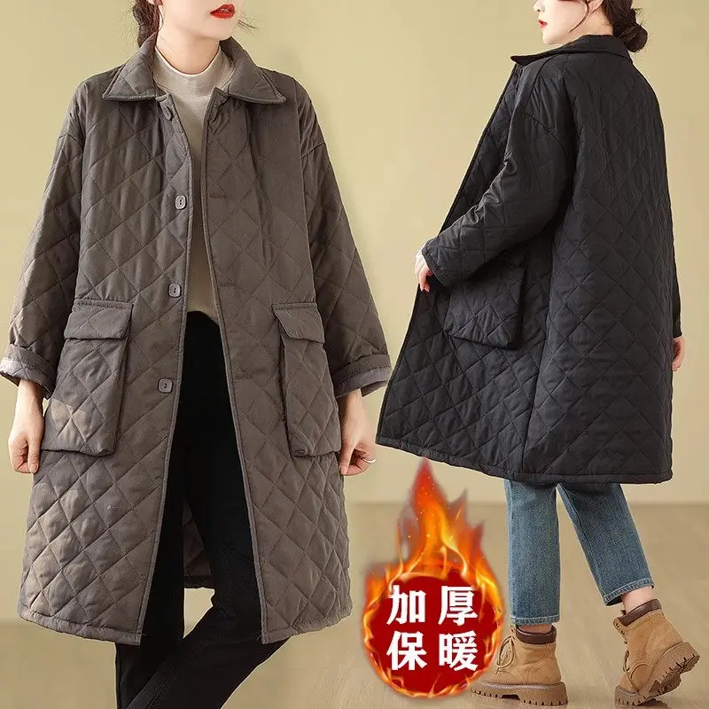 Oversized Women's Jacket 2023 Autumn/Winter New Diamond Checker Retro Cotton Coat Loose Medium Length Korean Outerwear Z3828