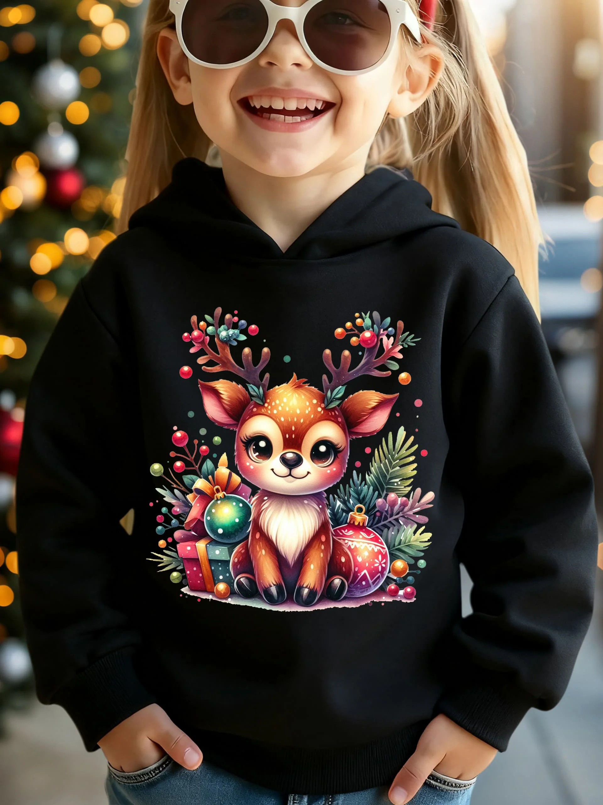 This hoodie incorporates elements of the reindeer Christmas gift and features a cartoon-style design in autumn style.