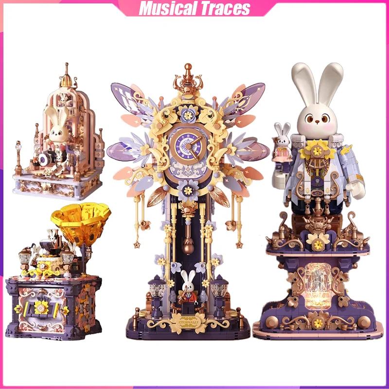 Bunny Micro Building Blocks Musical Traces Phonograph Music Hall Bell Tower Desktop Decoration Puzzle Toy Birthday Gifts for Kid