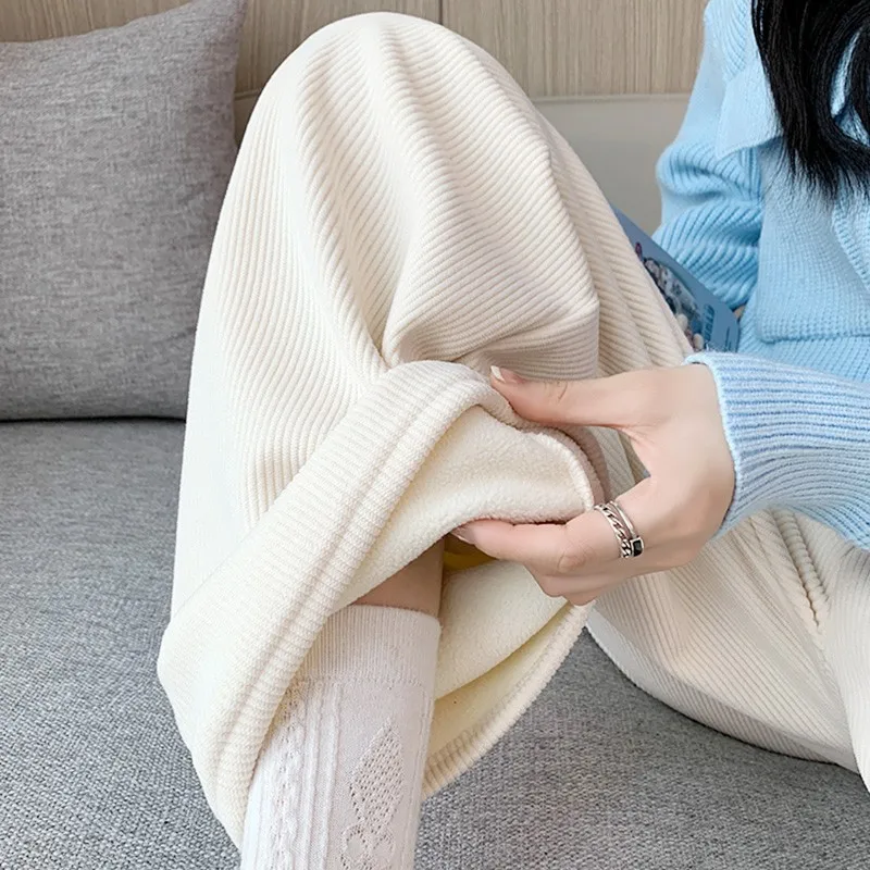 Autumn Winter Plush High Waisted Drape Loose Slimming Corduroy Wide Leg Trousers Women's Clothing Straight Tube Mop Casual Pants