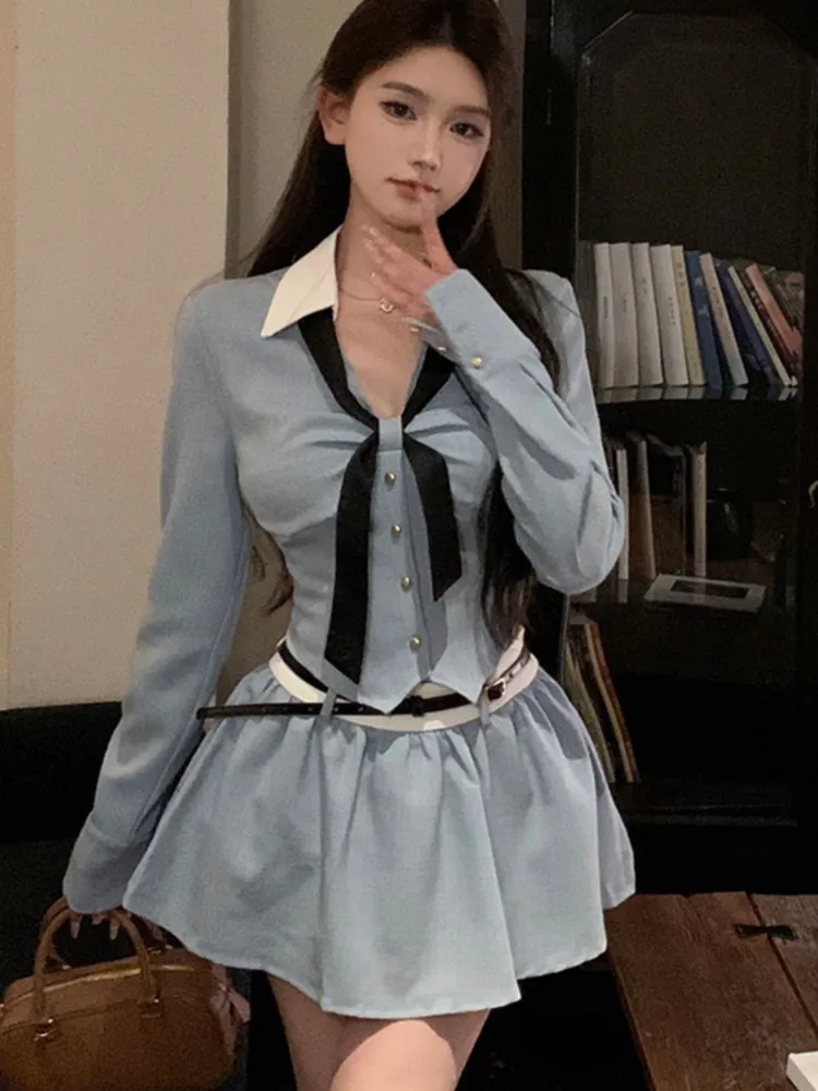 

Y2K Two-piece Skirt Outfits Women V-neck Long Sleeve Cropped Top High Waist A-line Skirt with Belt Korean Fashion Patchwork Set