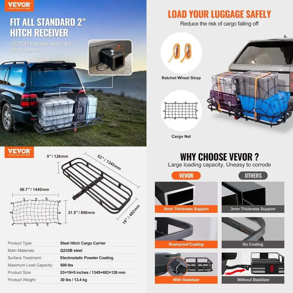 

53 x 19.5 Hitch Cargo Carrier, 500 lbs Steel Luggage Rack, SUV/Truck Mount, 2 Receiver, Includes Net & Straps, Black