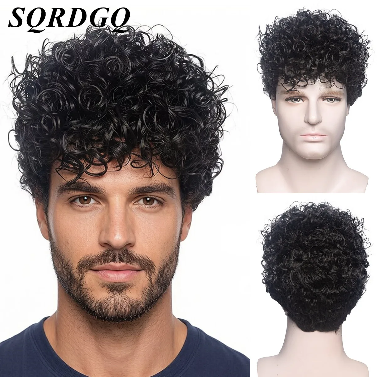 Pelucas rizadas cortas para hombres, pelo sintético, negro degradado, marrón, Cosplay, hecho a máquina, Natural