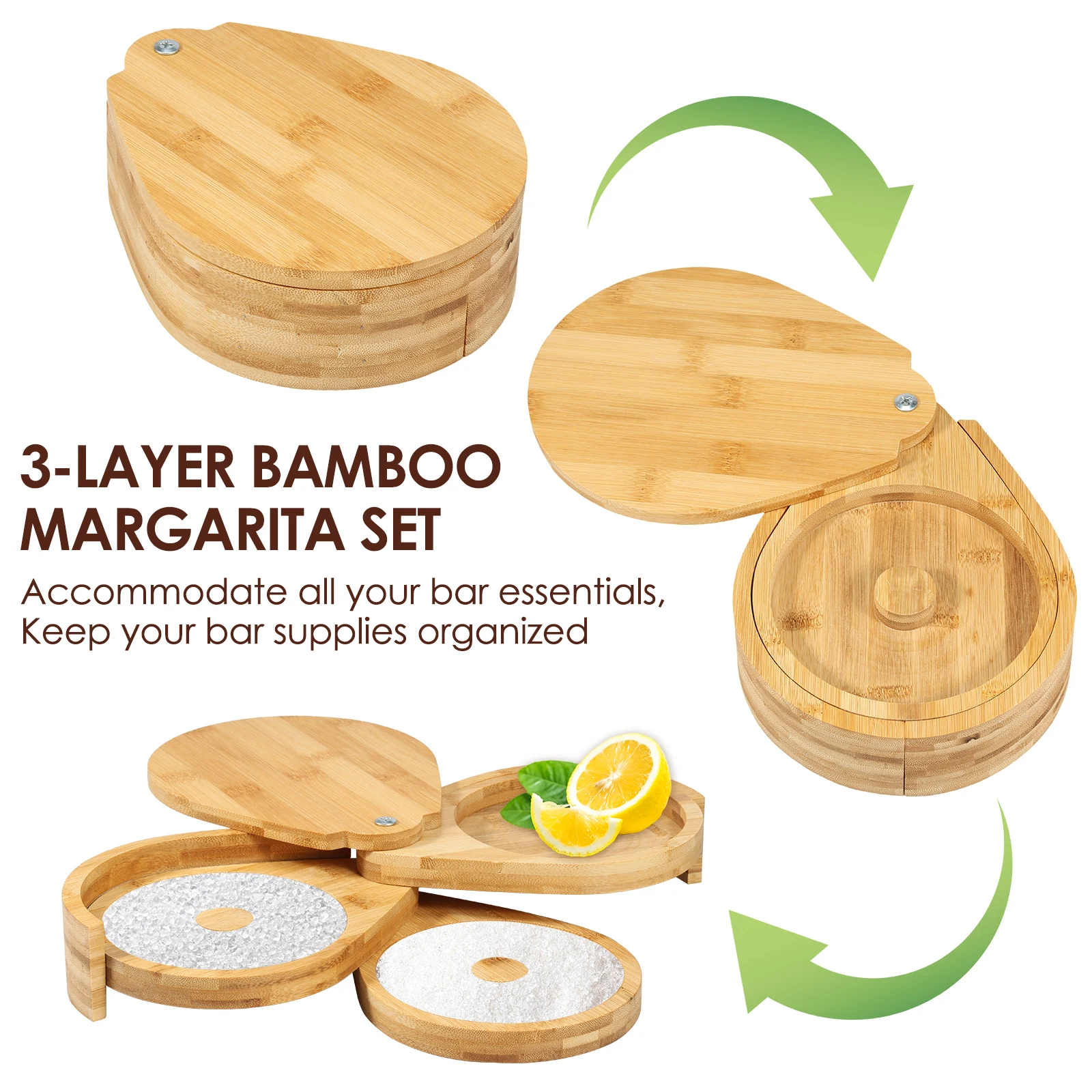 Bamboo Margarita Salt Rimmer Set 3 Tiers Bar Glass Rimmer Cocktail Salt Rimmer with Lid and Sponge Salt and Sugar Rimmer