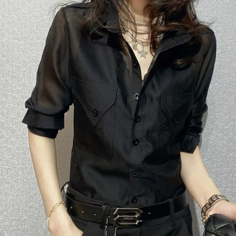 Women Black Shirt Tops Summer Thin Micro Transparency Sexy Sunscreen Loose Westernization Lapel Collar Long Sleeved