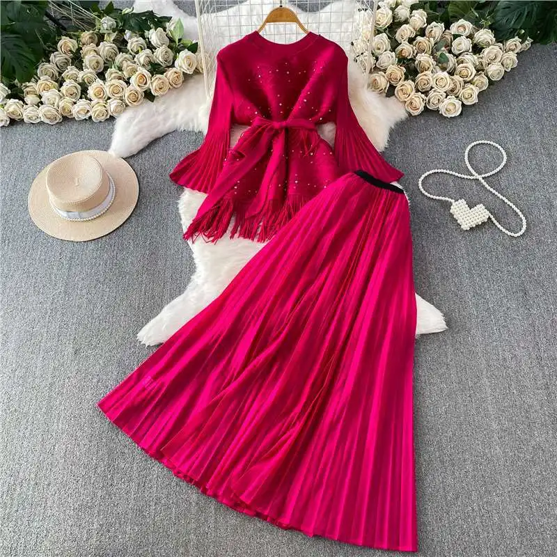 Miyake Pleated Women's Dresses Suit New Fashion Bell Sleeve Beaded Tie Top Elastic Waist Stretch Skirt Elegant Stylish Clothing