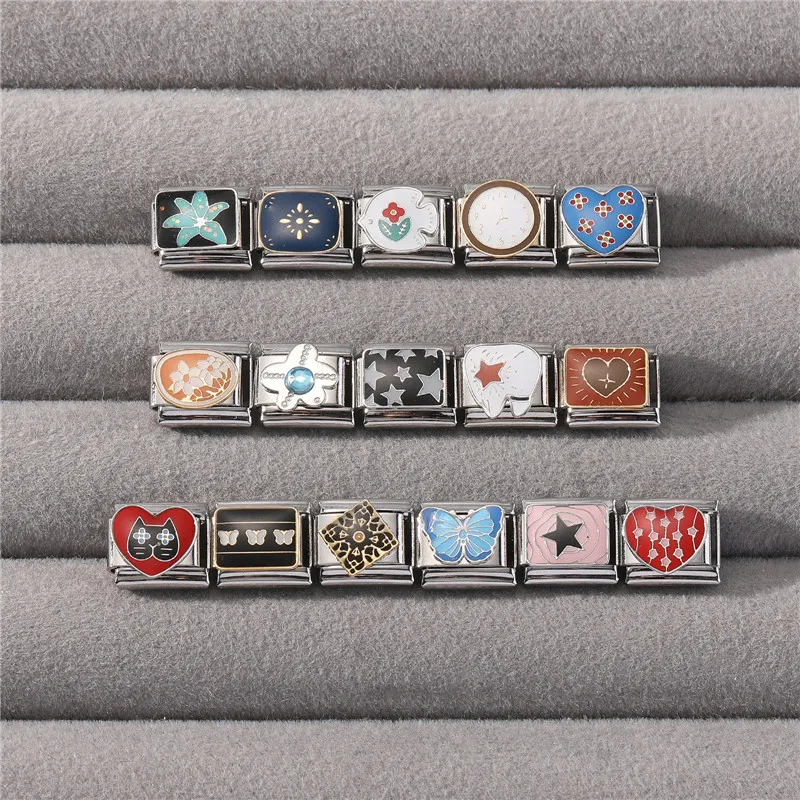 High Quality Y2K Flowers Butterfly Heart Clock Fish Teeth Star Charm Links Fit 9MM Stainless Steel Bracelet DIY Making Jewelry