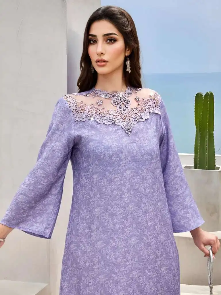 

Lavender Purple Ba5008 Patchwork Lace Embroidery Rhinestone Printed Robe Robe Abaya Ramadan Dubai Luxury Islam Elegant