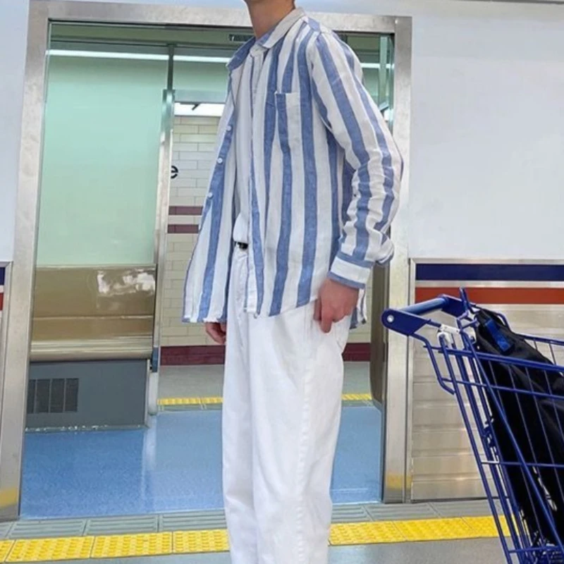 Men Long Sleeve Shirt Versatile Hong Kong Style Striped Youth Casual Thin Loose Fit Korean Trendy Shirt Or Light Jacket