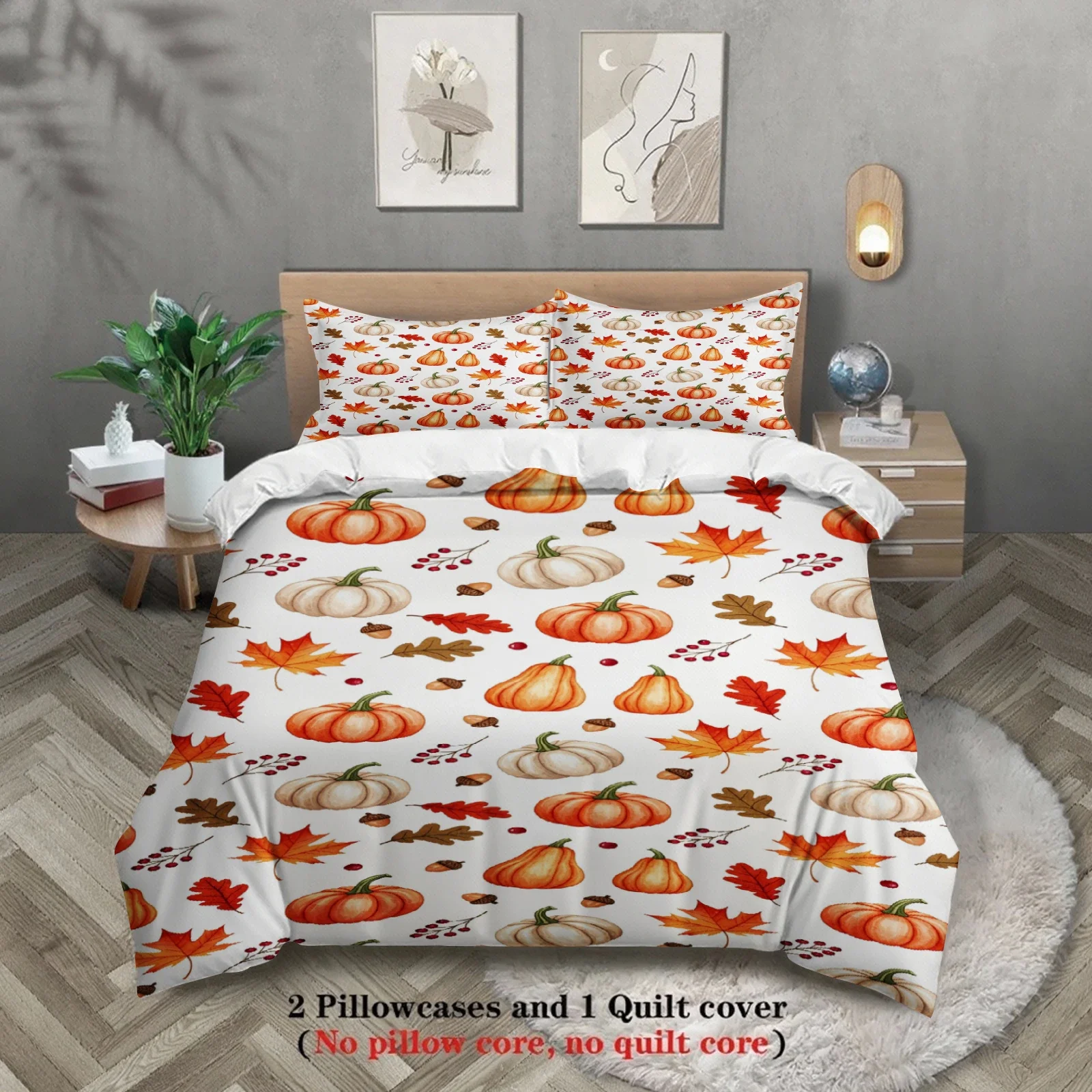3Pc Bedding Set Colorful Pumpkin Maple Leaf Acorn Print Soft Microfiber 1Duvet Cover+2Pillowcases Home Decoration No Comforter