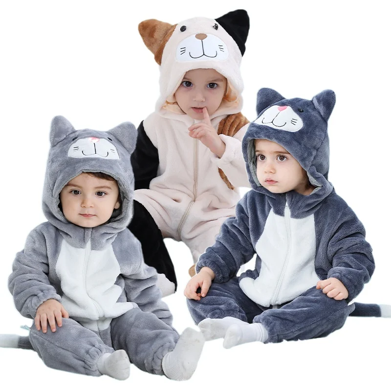 Lovely Cat Costume Boys Girls Clothes Romper Soft Flannel Hooded Bodysuits Pajamas Winter Infant Jumpsuit Toddler Outfits