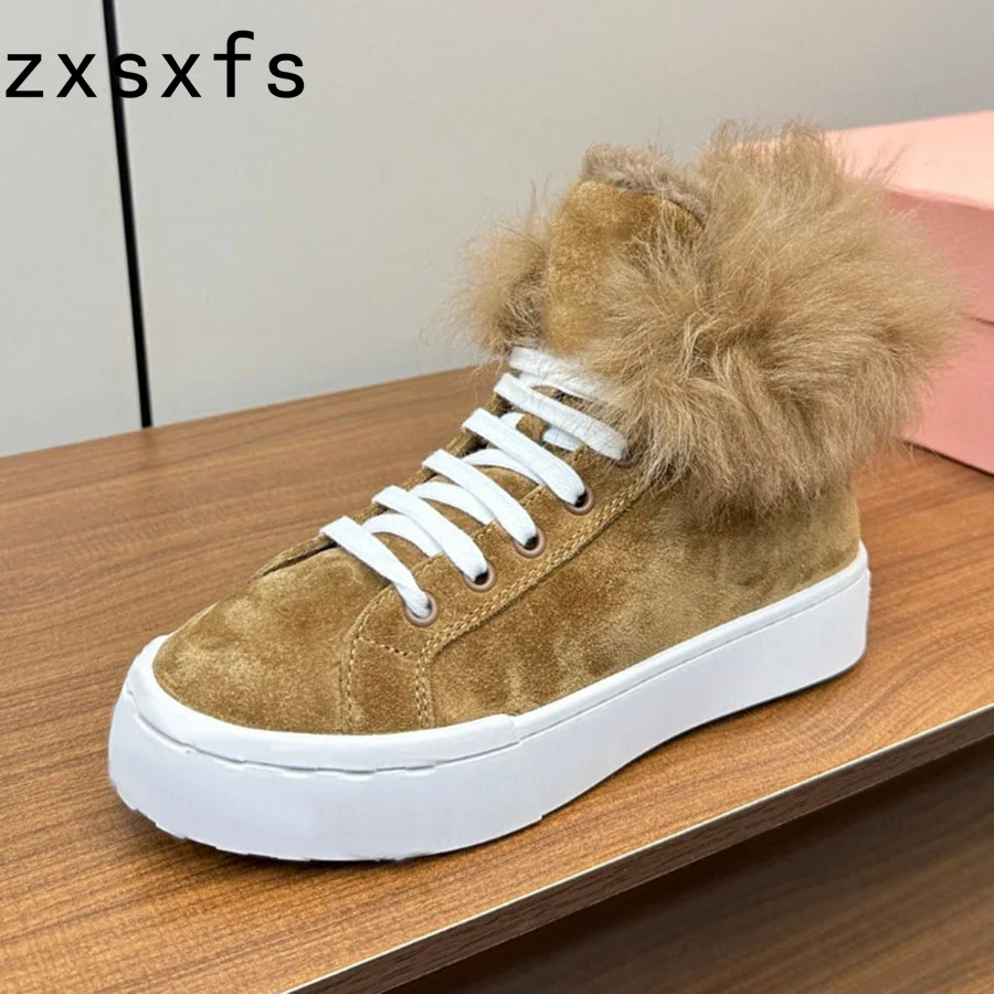 

High Top Suede Leather Fur Shoes Women Winter Natural Wool Collar Flat Loafers Lace Up Brand Snow Ankle Boots For Women