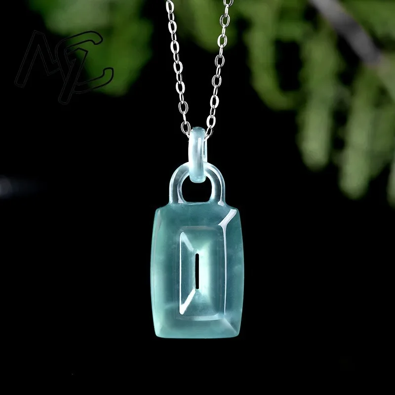 

Blue Natural Myanmar Jade Lock Pendant Necklace Genuine Burmese Jadeite Stone Man Talismans Men Charm Designer Vintage Amulet