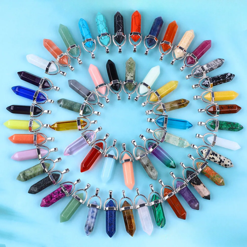 20pcs/ Bag Natural Stone Quartz Hexagonal Agate Bullet Pendulum Crystal Amethyst Pendant Necklace for Women and Men Pendant