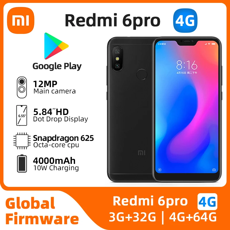 Used xiaomi redmi 6 pro Android 4G Unlocked 5.84 inch 4GB RAM 64GB ROM All Colours in Good Condition Original Cell phone