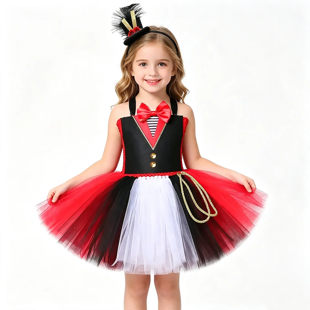 Circus Ringmaster Costumes for Girls Circus Show Fancy Tutu Dress for Kids Halloween Carnival Outfit with Feather Hat Hairbow
