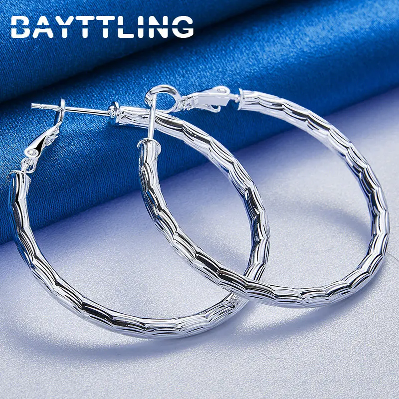 

Charm 925 Sterling Silver Engraved Pattern 40MM Round Hoop Earrings For Women Fashion Hip Hop Party Gifts Jewelry Accessories