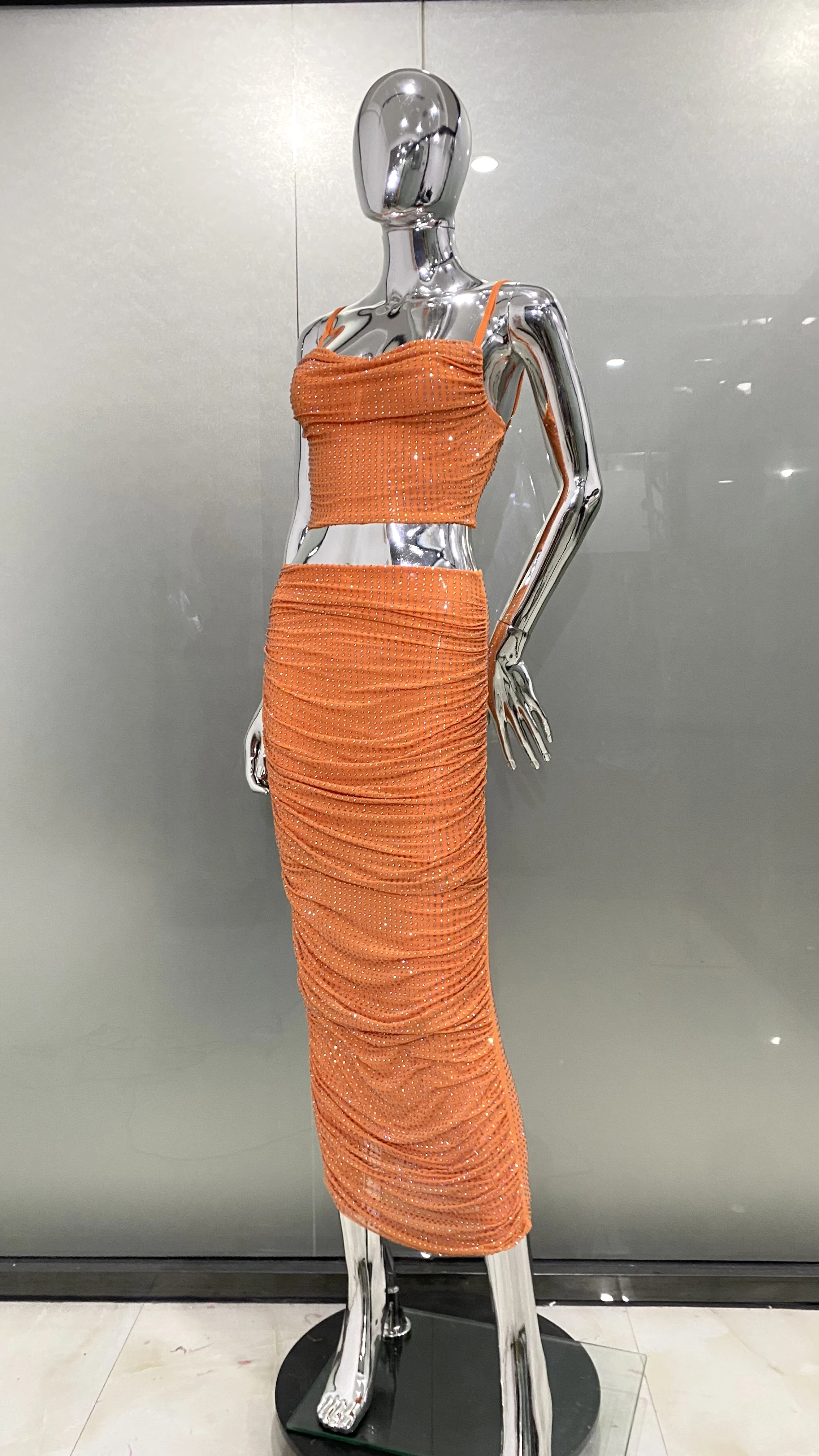 Robe longue orange pour femmes, 2 pièces, sangle en fibre sexy, biscuits kendning, batterie, tenue de soirée, boîte de nuit