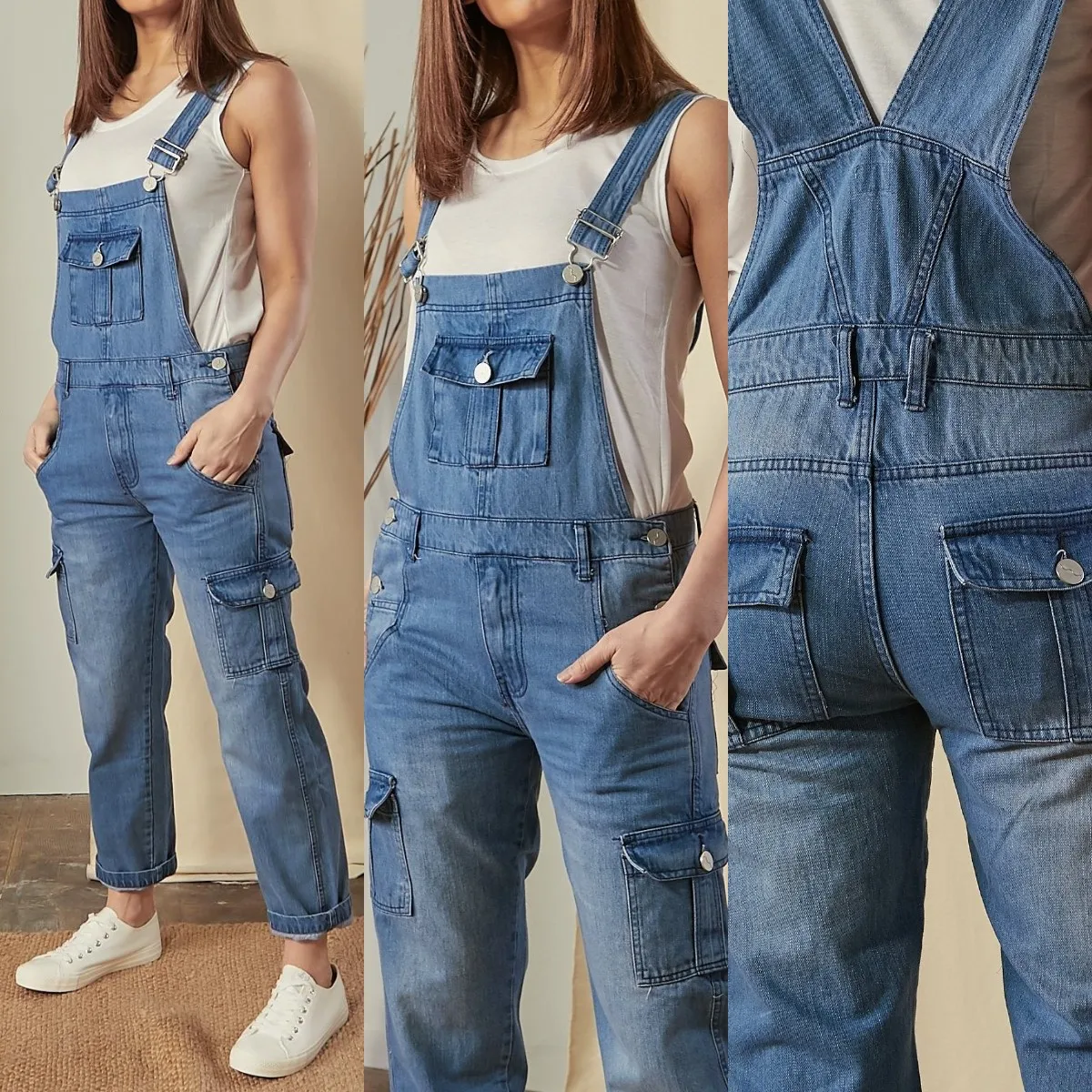 Women Overalls Spliced Vintage Mid Waist Straight Pants Washed Denim One Piece Pockets Casual Loose Fit Ankle Length 2024