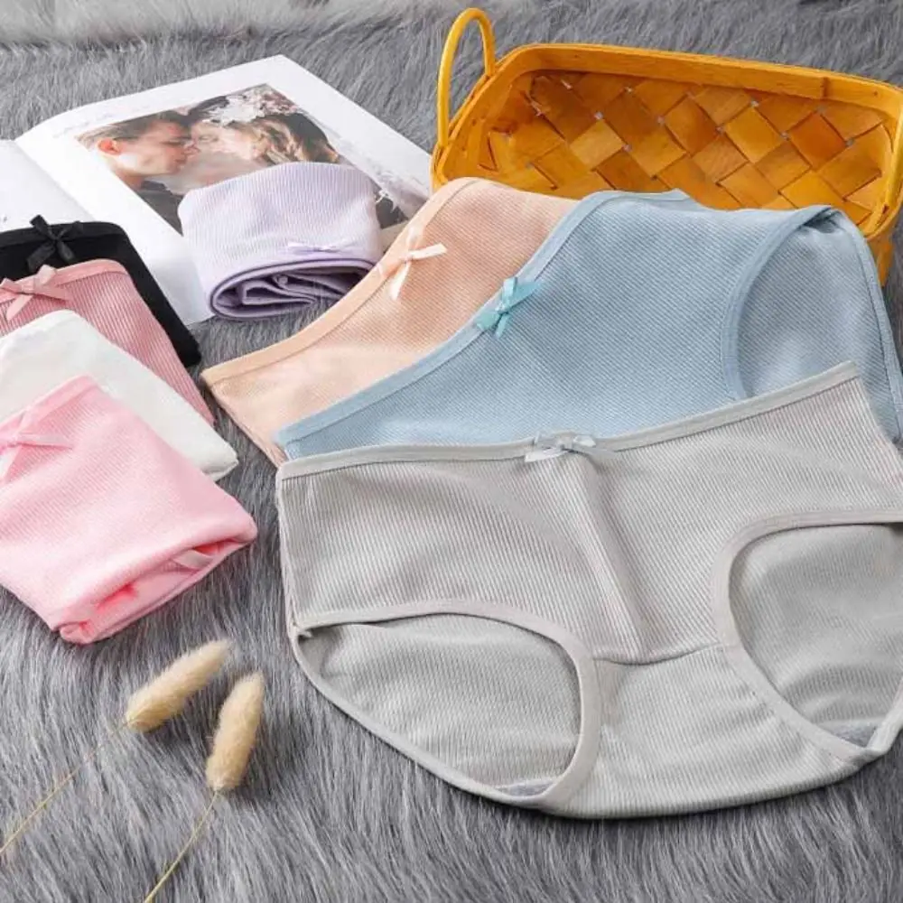 

8Pcs Comfortable Bowknot Simple Underpants Mid Waist Cotton Crotch Seamless Briefs Panties Solid Color Underwear for Women Girl