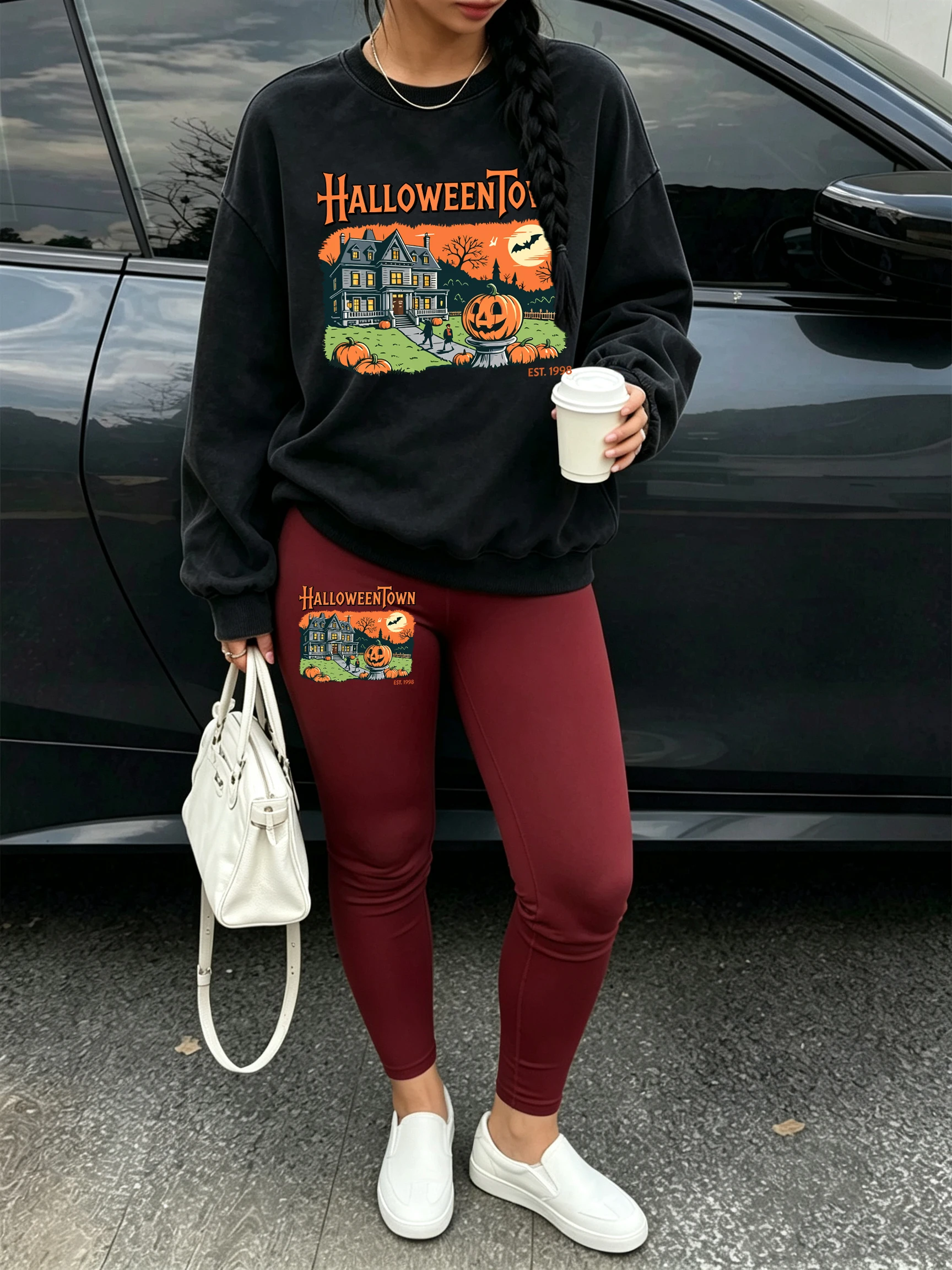 Halloweentown Pumpkin Haunted House Fall Print Women Pullovers Crewneck Fleece Sweatshirt Set Autumn Warm Leggings Korean Pant