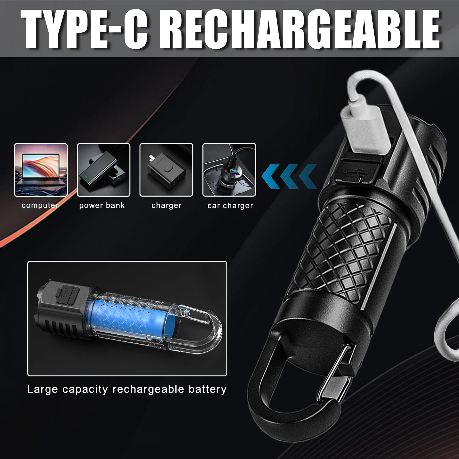 Mini LED Flashlight Strong Light Highlight Hand Torch COB Side Lights Hook Type Portable Handlamp Outdoor Camping Hand Light