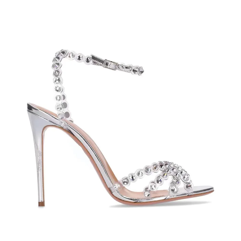 2024 New Bling Bling Crystal Women Sandals Silver High Heels Ankle Strap Bride Wedding Dress Shoes Lady Pumps Sexy PVC Stiletto