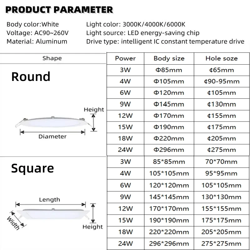 Pannello luminoso a LED 3W 4W 6W 9W 12W 15W 18W incasso a soffitto LED Downlight illuminazione per interni Spot Light design sottile