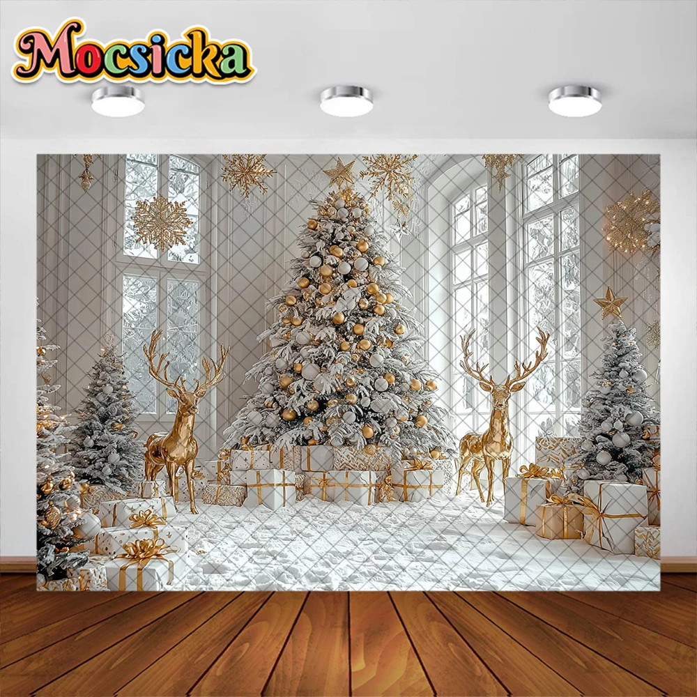 Winter Christmas Photography Background Golden Xmas Tree Window Decoration Children Holiday Portrait Photo Backdrops Studio Prop