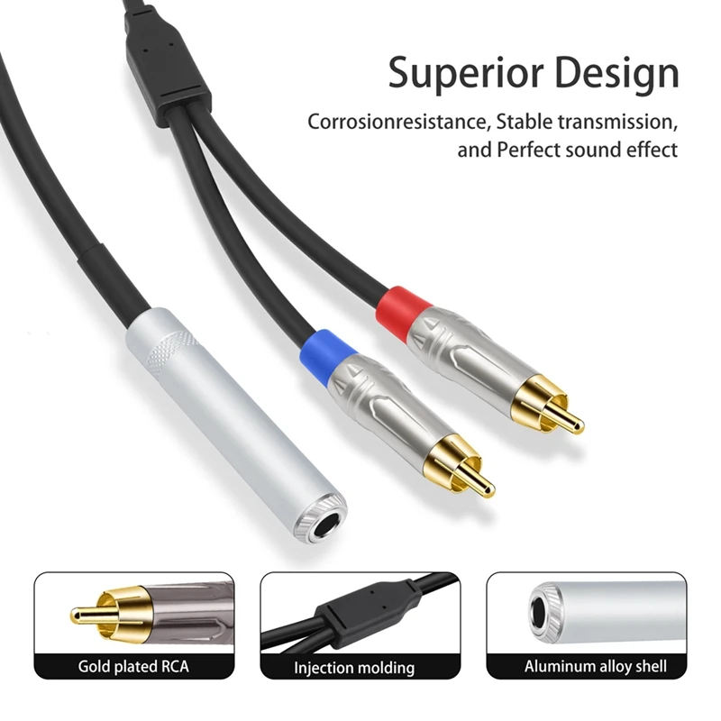 6.35Mm Female To 2 RCA Male Cable Stereo Audio Cable 1/4 Inch TRS Jack To 2 RCA Audio Y Splitter Cable