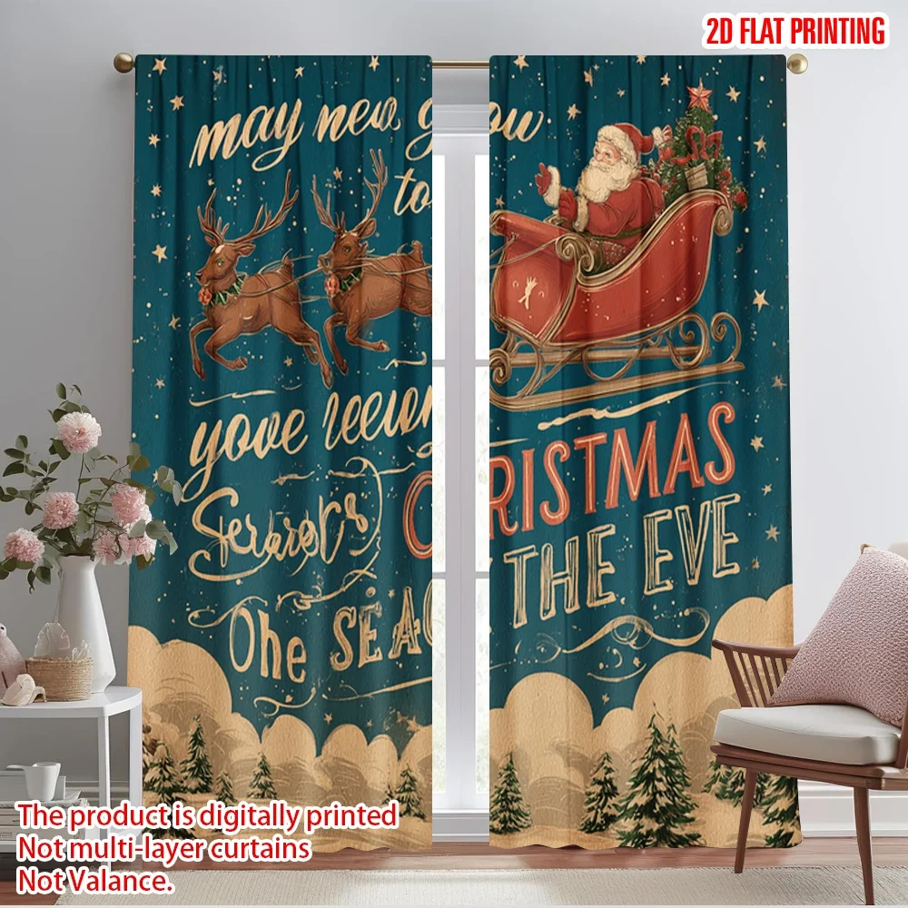 2pcs,2D plane printing Popular Curtain Panels Santa Sleigh & Snowflakes Polyester Fabric (without rod) Holiday for Bedroom,