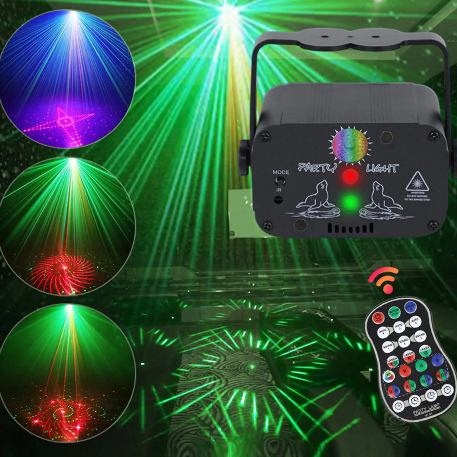 Disco Lights RGB LED Laser Stage Beam Light Christmas Decoration 3-Hole 64 Pattern Projection Stage Lamp With Remote Control