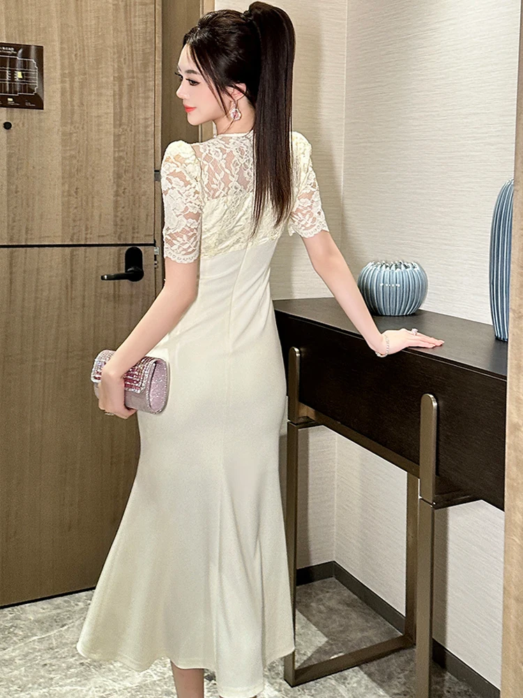 エレガントな社交家誕生日パーティードレス女性フレンチスタイルパールシアーレースひだスリットフィッシュテールローブファムイブニングウエディングドレスvestidos