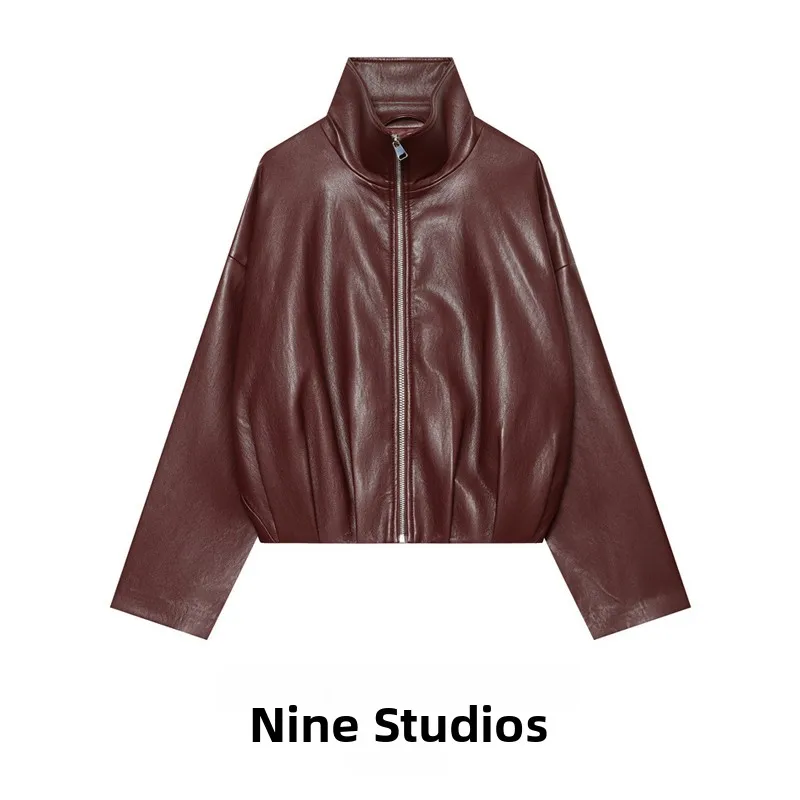 Loose High Collar Cotton Pilot Jacket Women's Outerwear Zipper Decorated Faux Leather Long Sleeve Short Coat Spring Season
