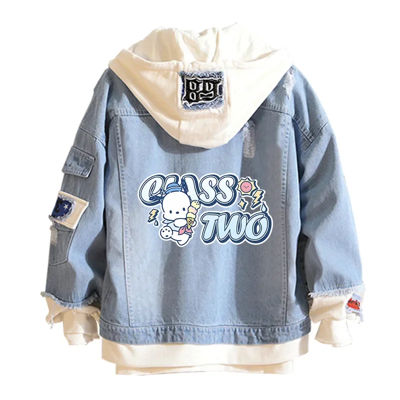 Anime Sanrio Denim Bomber Jacket Pochacco Hooded Jeans Sweatshirt Unisex Ripped Hole Cosplay Hoodie Long-Sleeved Denim Jacket