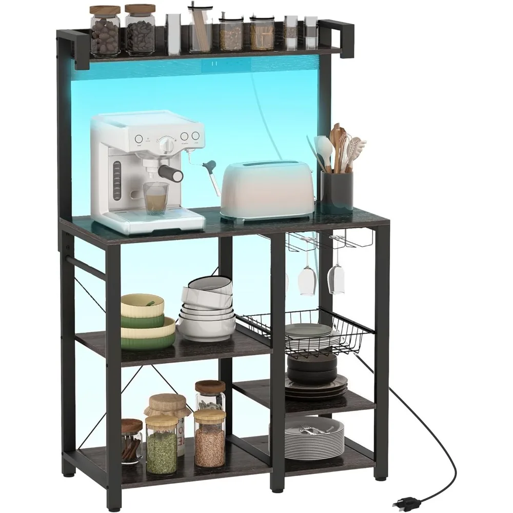 

Kitchen Baker's Rack with Power Outlet, LED Lights, Storage, and Glass Holder for Coffee Bar and Microwave Stand