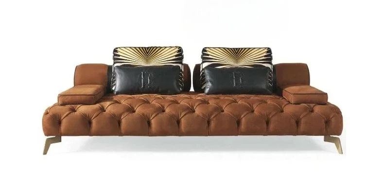AAHigh-end Leopard Print Buckle Sofa Villa Luxury Design High-end Custom Leather Straight-row Sofa