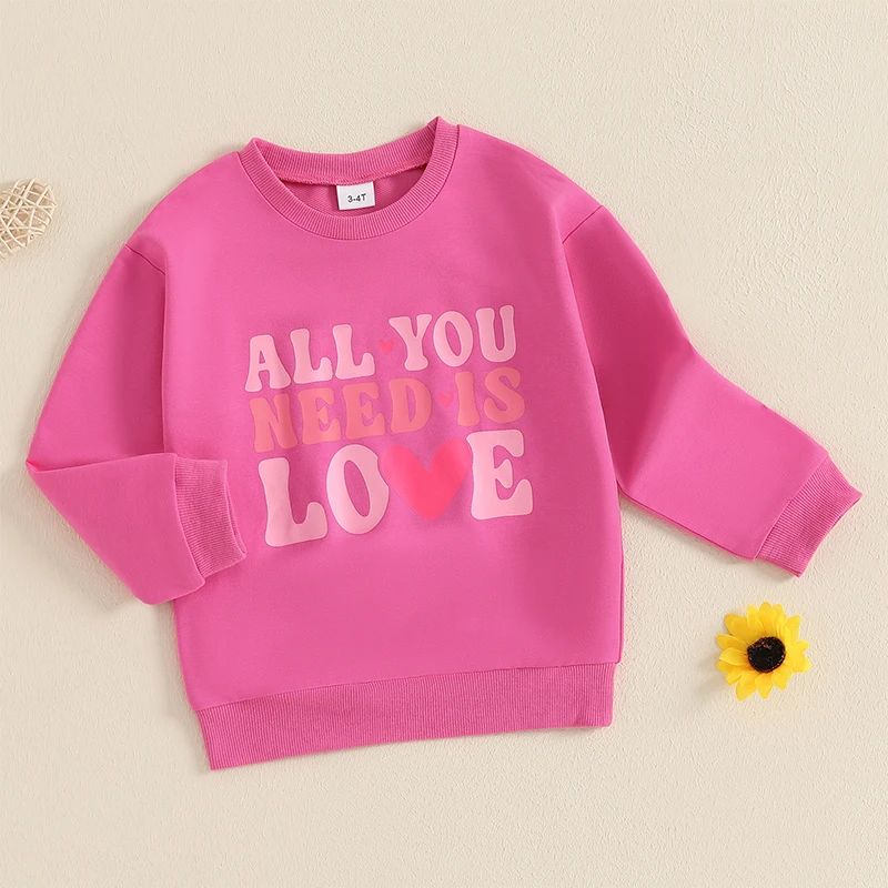 Sudaderas de San Valentín para niña, jerseys de manga larga con cuello redondo y estampado de letras y corazones, Tops de primavera