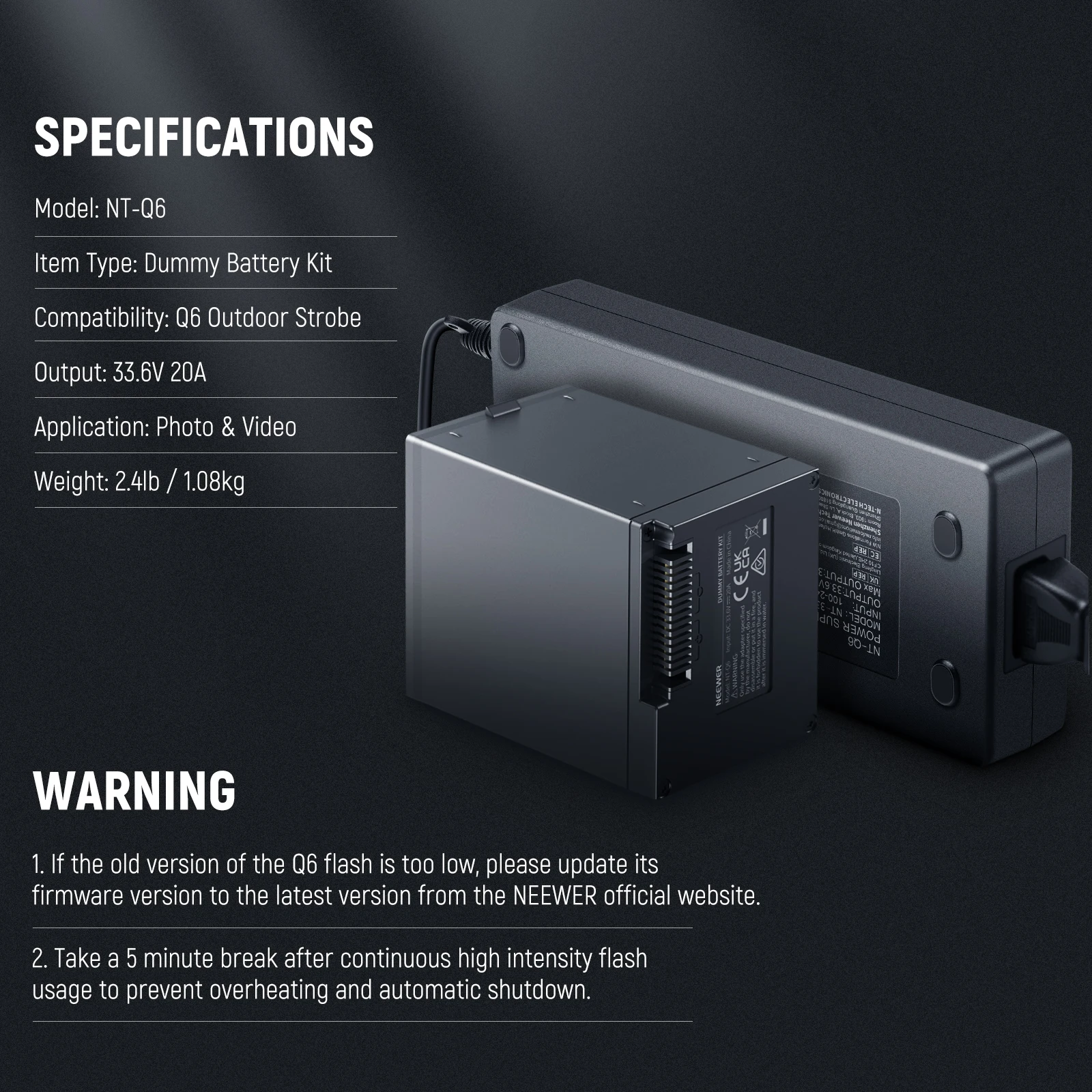 NEEWER Q6 더미 배터리 키트 (Q6 야외 플래시 스트로브 스피드라이트용) AC 전원 어댑터 케이블 포함 (NB-Q6 배터리 교체용)
